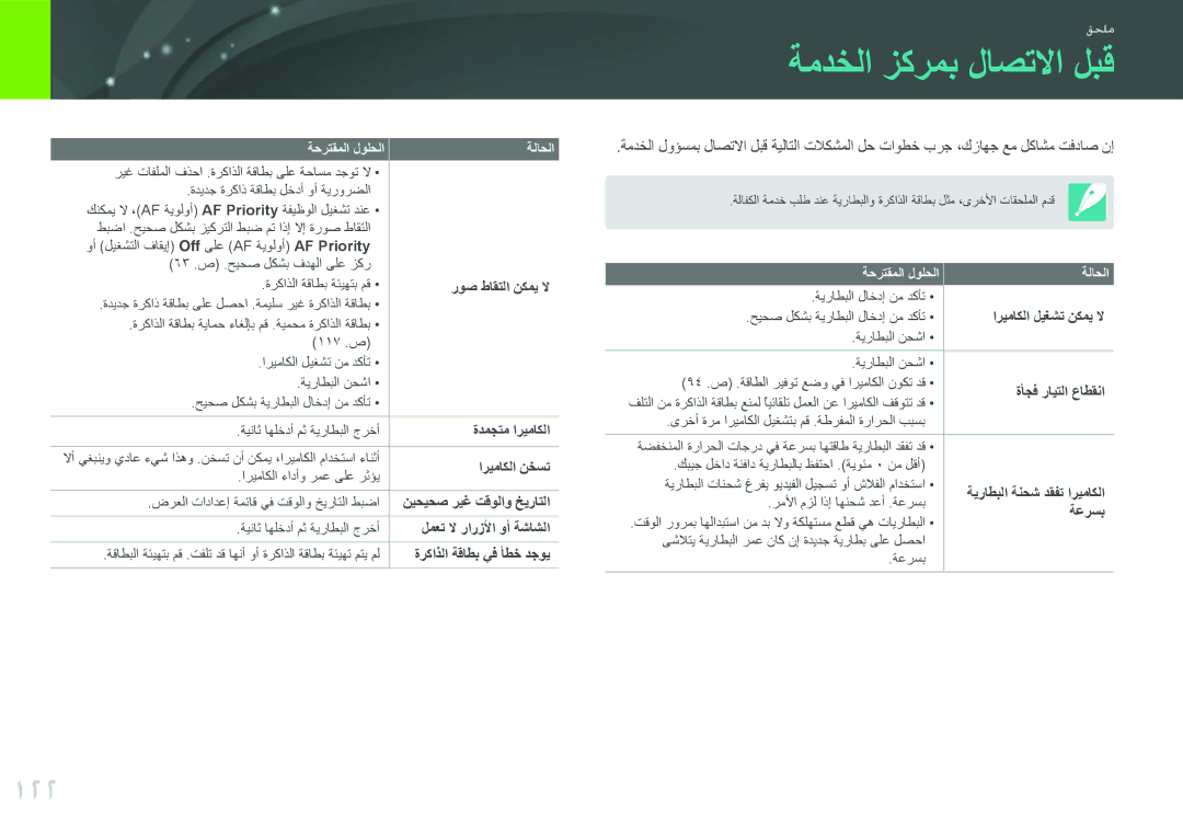 Samsung EV-NX100ZBAWIR, EV-NX100ZBABME, EV-NX100ZBABIR, EV-NX100ZBABSA, EV-NX100ZBBWIL manual ةمدخلا زكرمب لاصتلاا لبق, 122 