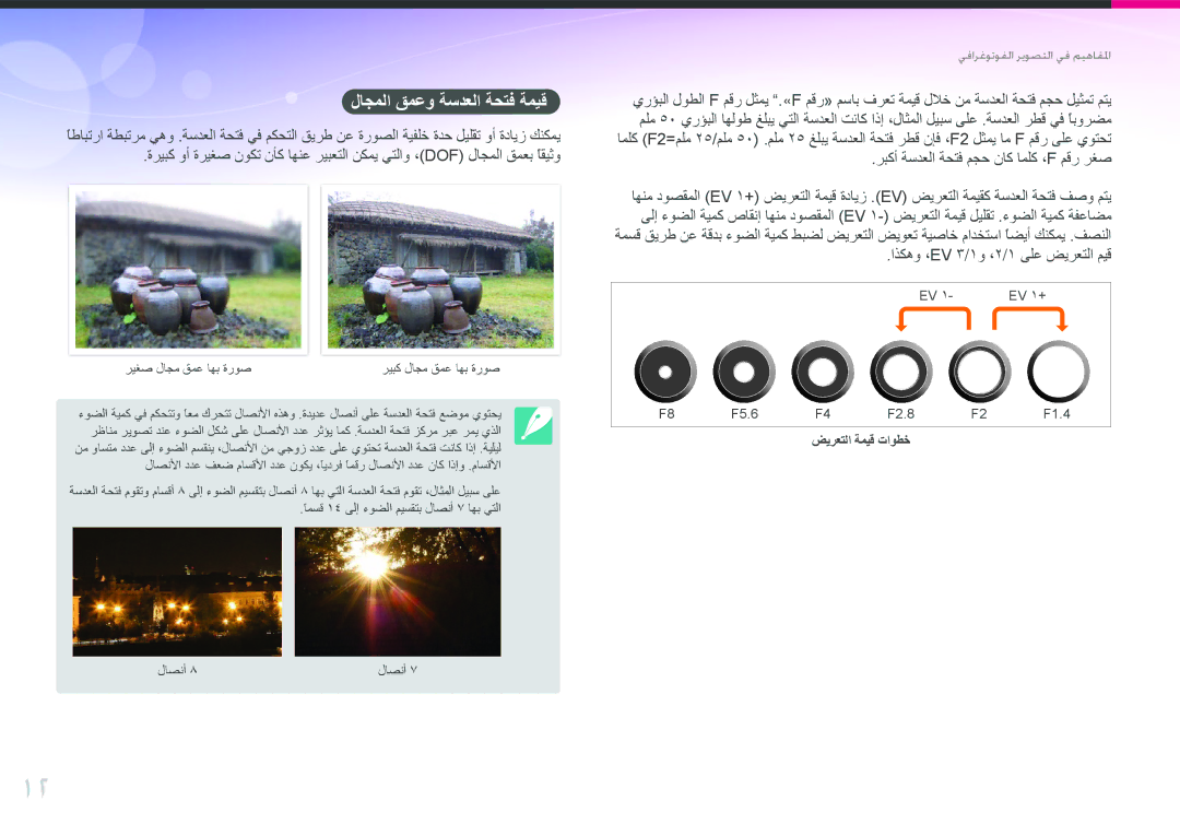 Samsung EV-NX100ZBABIL, EV-NX100ZBABME manual لاجملا قمعو ةسدعلا ةحتف ةميق, ربكأ ةسدعلا ةحتف مجح ناك املك ،F مقر رغص 