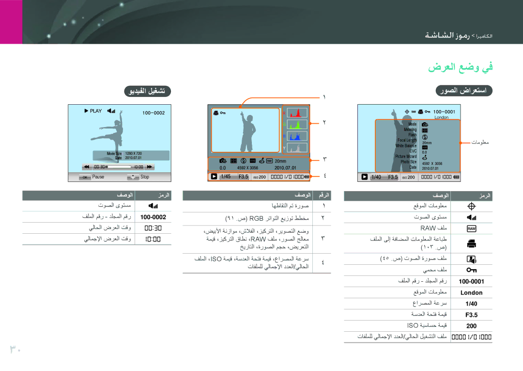 Samsung EV-NX100ZBBBIL, EV-NX100ZBABME, EV-NX100ZBABIR, EV-NX100ZBABSA, EV-NX100ZBAWIR ضرعلا عضو يف, ويديفلا ليغشت, فصولا 