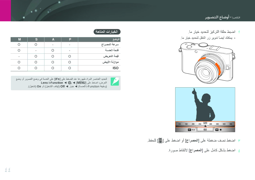 Samsung EV-NX100ZBABIL, EV-NX100ZBABME, EV-NX100ZBABIR ةحاتملا تارايخلا, ةسدعلا ةحتف, ضيرعتلا ةميق, ضيبلأا ةنزاوم, عضولا 