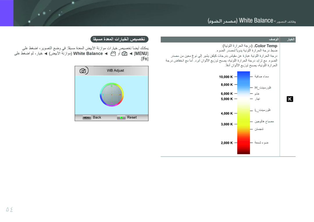 Samsung EV-NX100ZBBBIL, EV-NX100ZBABME manual WWسiما ةدصعW White Balance رمسصتما تصايت, ًاقبسم ةدعملا تارايخلا صيصخت 