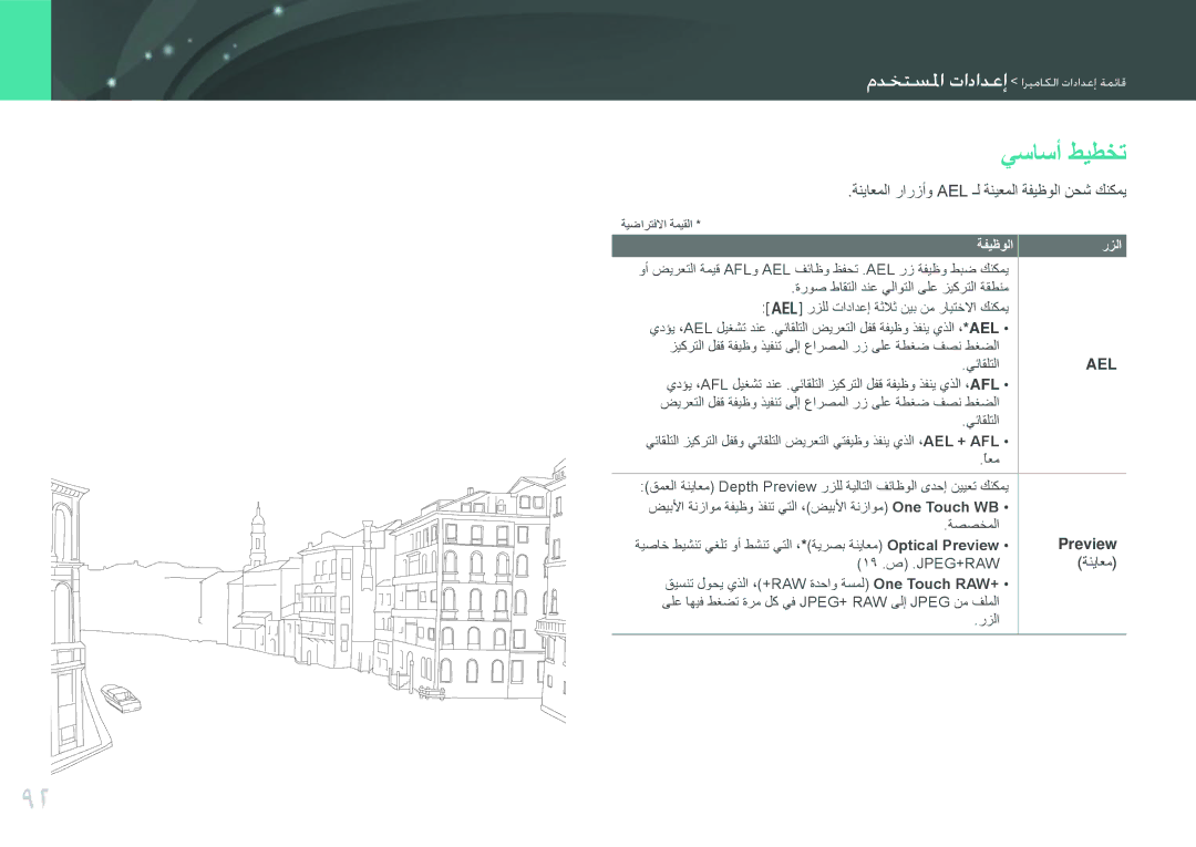 Samsung EV-NX100ZBABIL manual يساسأ طيطخت, ةنياعملا رارزأو Ael ـل ةنيعملا ةفيظولا نحش كنكمي, Preview, ةفيظولا رزلا 