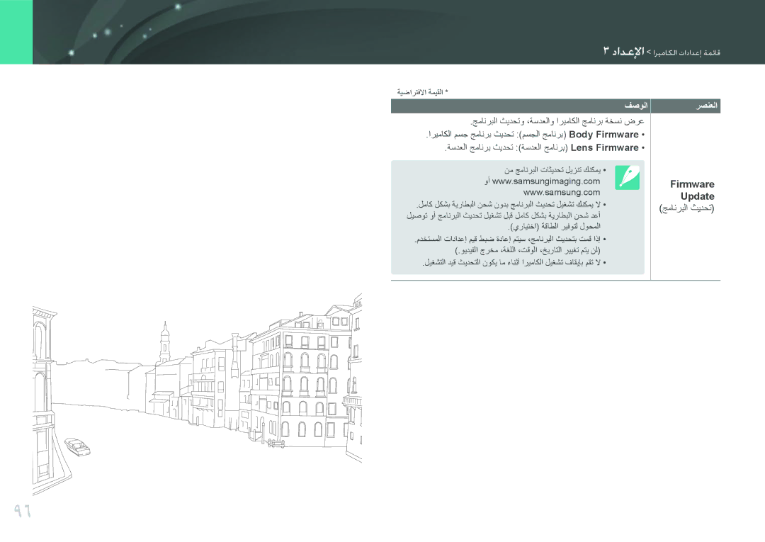 Samsung EV-NX100ZBABIR, EV-NX100ZBABME, EV-NX100ZBABSA, EV-NX100ZBAWIR, EV-NX100ZBBWIL manual Firmware Update جمانربلا ثيدحت 