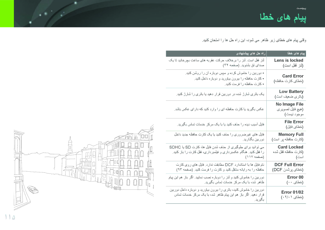 Samsung EV-NX100ZBBWIL, EV-NX100ZBABME, EV-NX100ZBABIR, EV-NX100ZBABSA, EV-NX100ZBAWIR, EV-NX100ZBABIL manual اطخ یاه مايپ, 115 