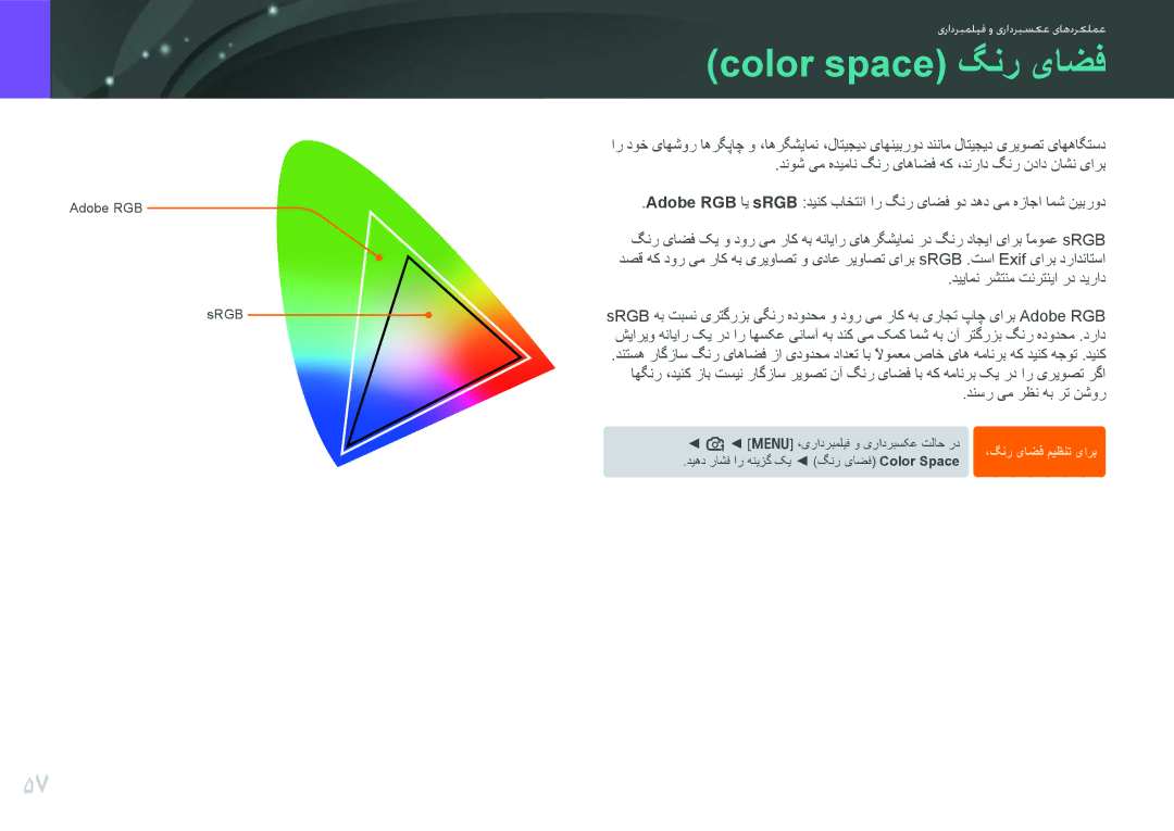 Samsung EV-NX100ZBABSA, EV-NX100ZBABME, EV-NX100ZBABIR, EV-NX100ZBAWIR manual Color space گنر یاضف, دنسر یم رظن هب رت نشور 