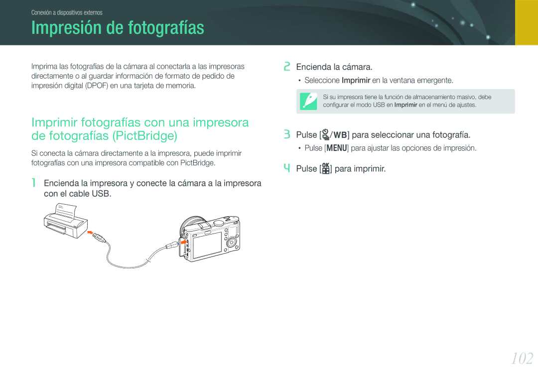 Samsung EV-NX100ZBABCZ, EV-NX100ZBANES, EV-NX100ZBAWES, EV-NX100ZBABES manual Impresión de fotografías, 102 