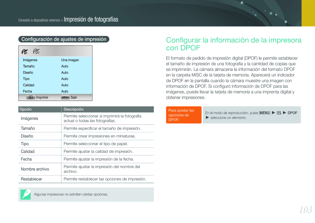 Samsung EV-NX100ZBANES manual 103, Conﬁgurar la información de la impresora con Dpof, Conﬁguración de ajustes de impresión 