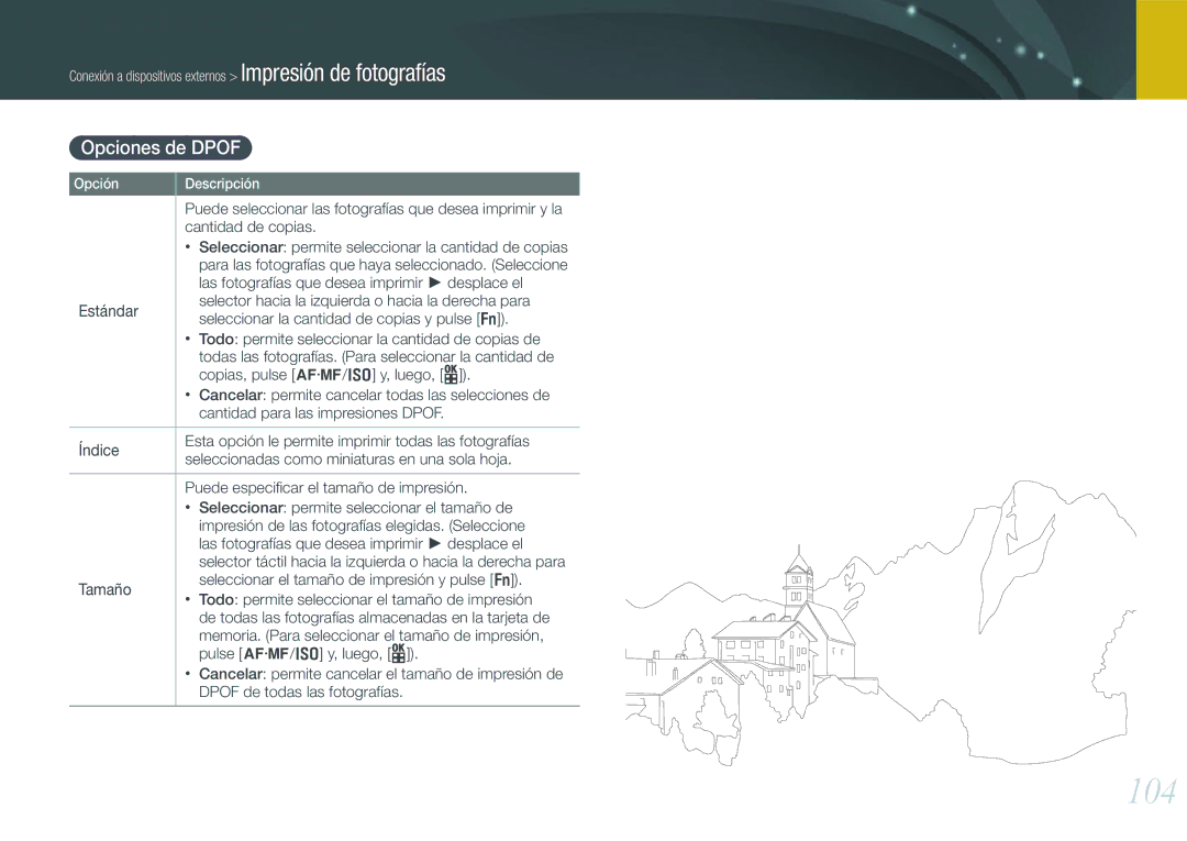 Samsung EV-NX100ZBAWES, EV-NX100ZBANES manual 104, Opciones de Dpof, Estándar, Seleccionar la cantidad de copias y pulse f 