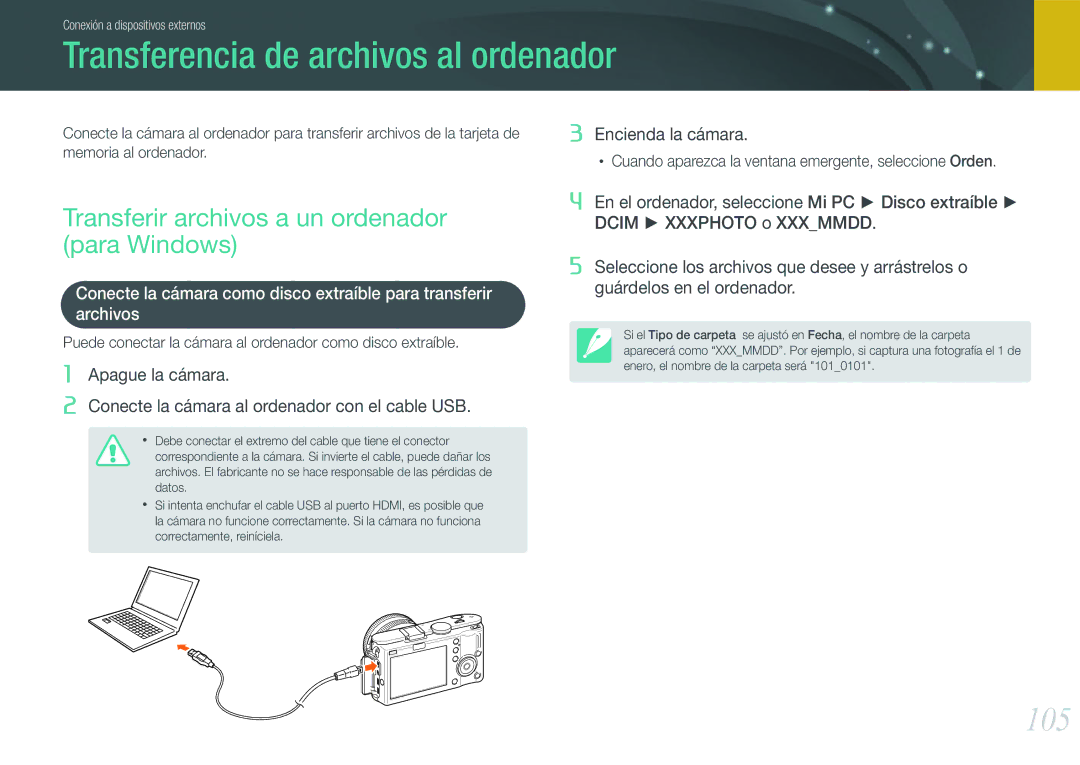 Samsung EV-NX100ZBABES manual Transferencia de archivos al ordenador, 105, Transferir archivos a un ordenador para Windows 