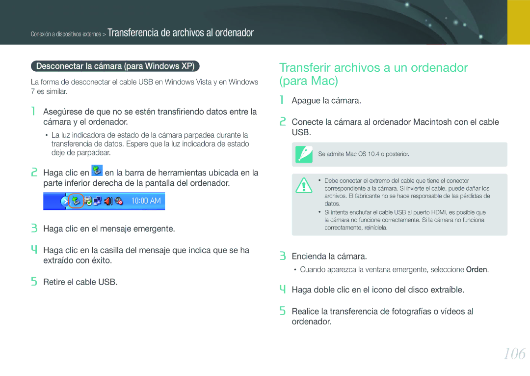 Samsung EV-NX100ZBABCZ manual 106, Transferir archivos a un ordenador para Mac, Desconectar la cámara para Windows XP 