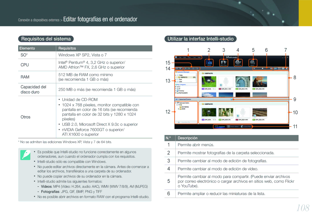 Samsung EV-NX100ZBAWES, EV-NX100ZBANES, EV-NX100ZBABES 108, Requisitos del sistema, Utilizar la interfaz Intelli-studio 