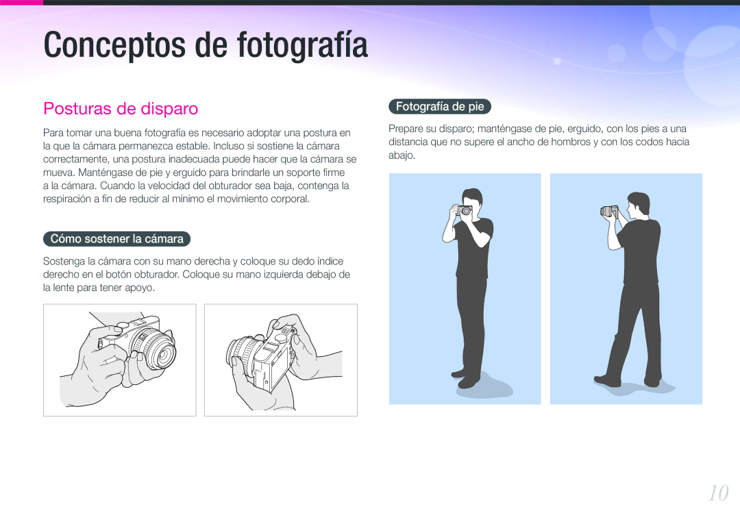 Samsung EV-NX100ZBABCZ, EV-NX100ZBANES, EV-NX100ZBAWES, EV-NX100ZBABES manual Cómo sostener la cámara, Fotografía de pie 