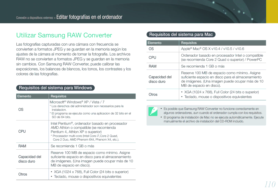 Samsung EV-NX100ZBABCZ, EV-NX100ZBANES manual 110, Utilizar Samsung RAW Converter, Requisitos del sistema para Windows 