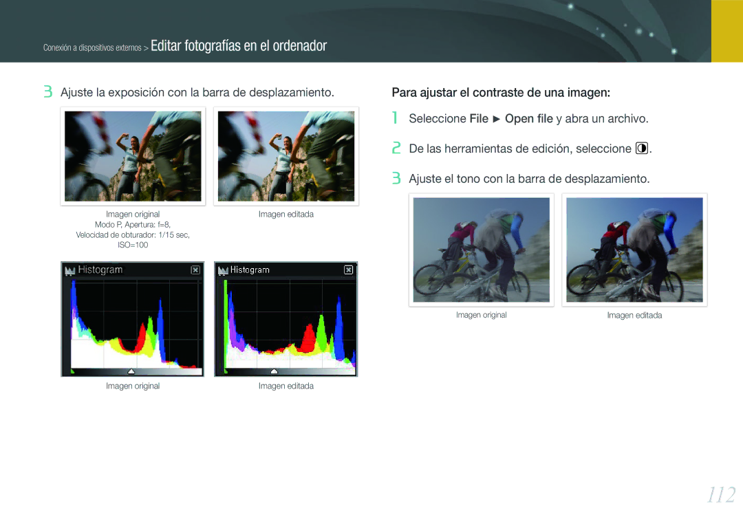 Samsung EV-NX100ZBAWES, EV-NX100ZBANES, EV-NX100ZBABES, EV-NX100ZBABCZ manual 112, Para ajustar el contraste de una imagen 