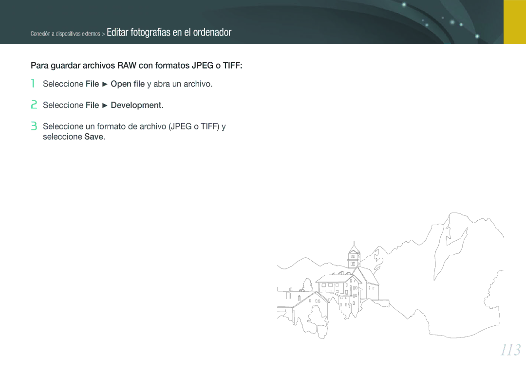 Samsung EV-NX100ZBABES, EV-NX100ZBANES, EV-NX100ZBAWES manual 113, Para guardar archivos RAW con formatos Jpeg o Tiff 