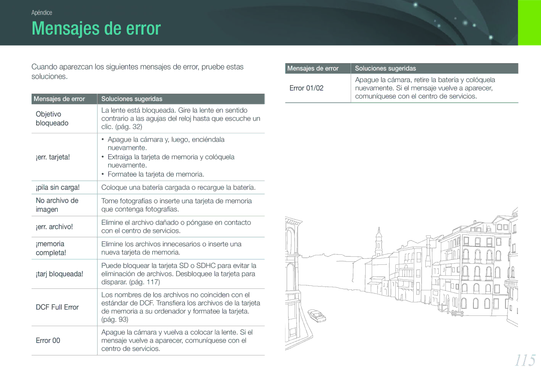 Samsung EV-NX100ZBANES, EV-NX100ZBAWES, EV-NX100ZBABES, EV-NX100ZBABCZ manual Mensajes de error, 115 