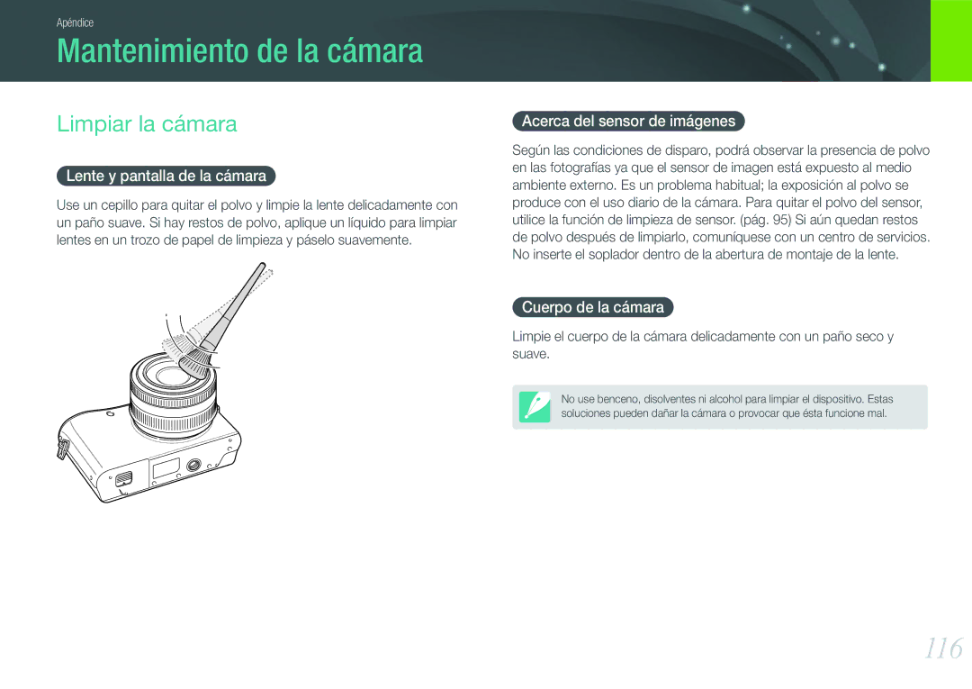 Samsung EV-NX100ZBAWES, EV-NX100ZBANES, EV-NX100ZBABES, EV-NX100ZBABCZ Mantenimiento de la cámara, 116, Limpiar la cámara 