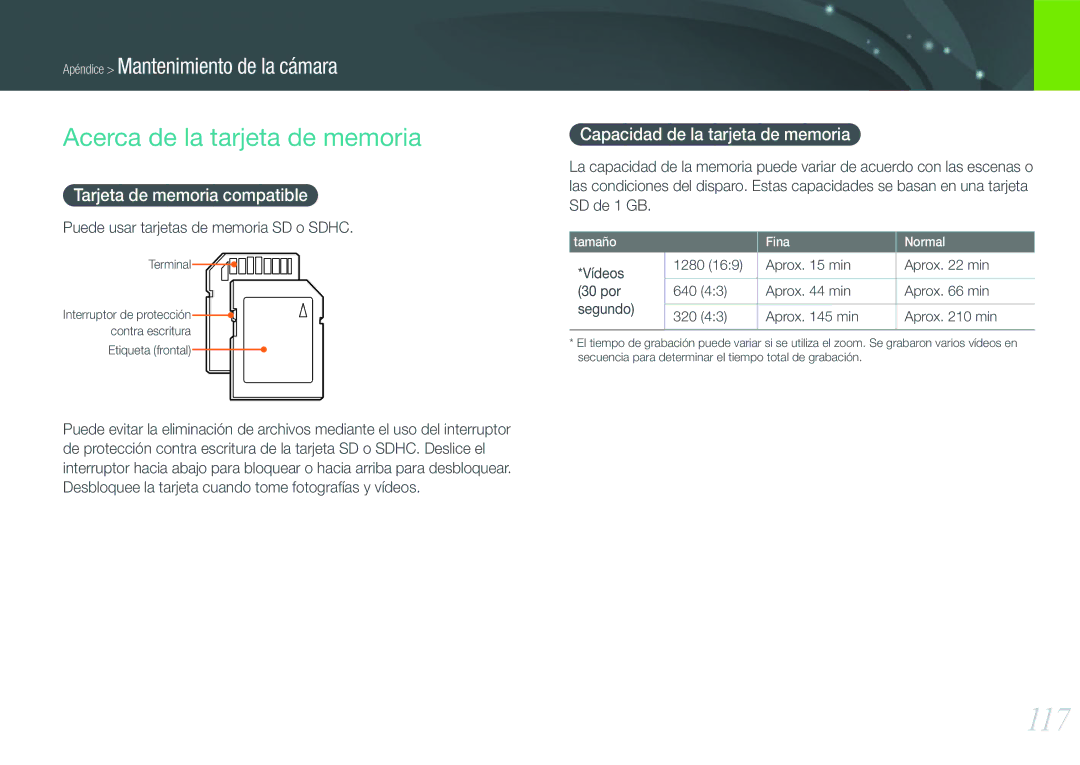 Samsung EV-NX100ZBABES, EV-NX100ZBANES, EV-NX100ZBAWES 117, Acerca de la tarjeta de memoria, Tarjeta de memoria compatible 