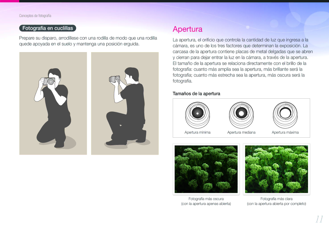 Samsung EV-NX100ZBANES, EV-NX100ZBAWES, EV-NX100ZBABES, EV-NX100ZBABCZ manual Apertura, Fotografía en cuclillas 