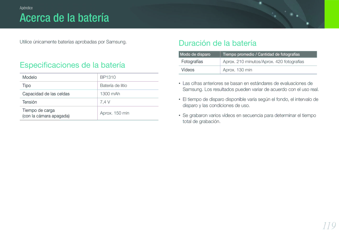 Samsung EV-NX100ZBANES, EV-NX100ZBAWES Acerca de la batería, 119, Especiﬁcaciones de la batería, Duración de la batería 