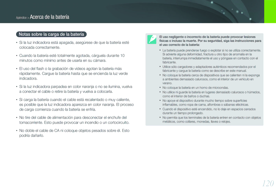 Samsung EV-NX100ZBAWES, EV-NX100ZBANES, EV-NX100ZBABES, EV-NX100ZBABCZ manual 120, Notas sobre la carga de la batería 