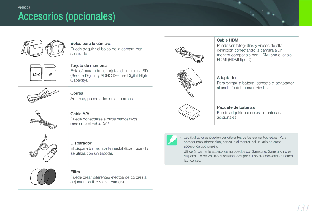 Samsung EV-NX100ZBANES, EV-NX100ZBAWES, EV-NX100ZBABES, EV-NX100ZBABCZ manual Accesorios opcionales, 131 