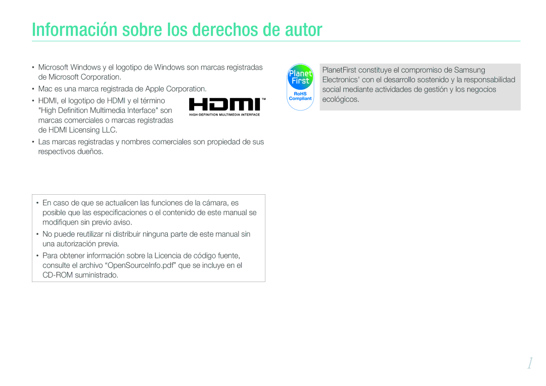 Samsung EV-NX100ZBABES, EV-NX100ZBANES, EV-NX100ZBAWES, EV-NX100ZBABCZ manual Información sobre los derechos de autor 