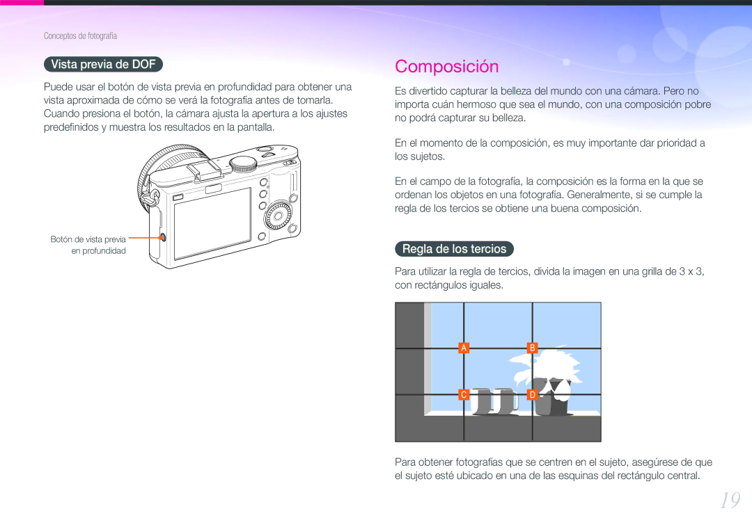 Samsung EV-NX100ZBANES, EV-NX100ZBAWES, EV-NX100ZBABES, EV-NX100ZBABCZ manual Vista previa de DOF, Regla de los tercios 