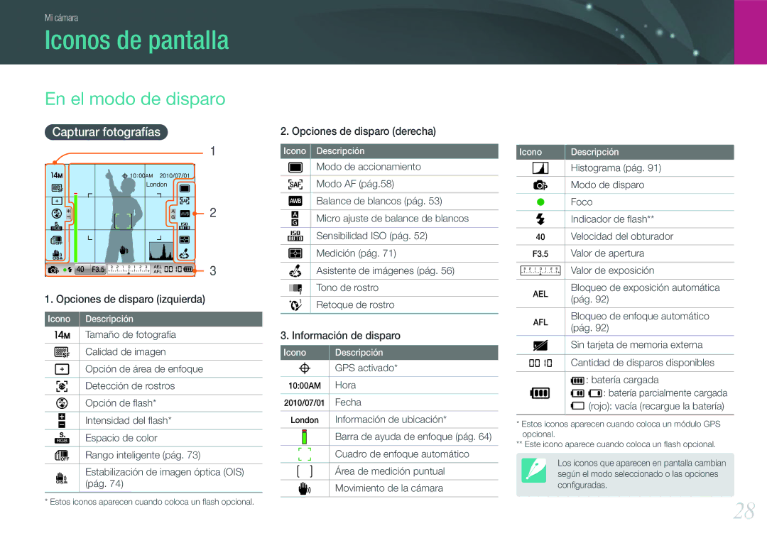 Samsung EV-NX100ZBAWES, EV-NX100ZBANES, EV-NX100ZBABES manual Iconos de pantalla, En el modo de disparo, Capturar fotografías 