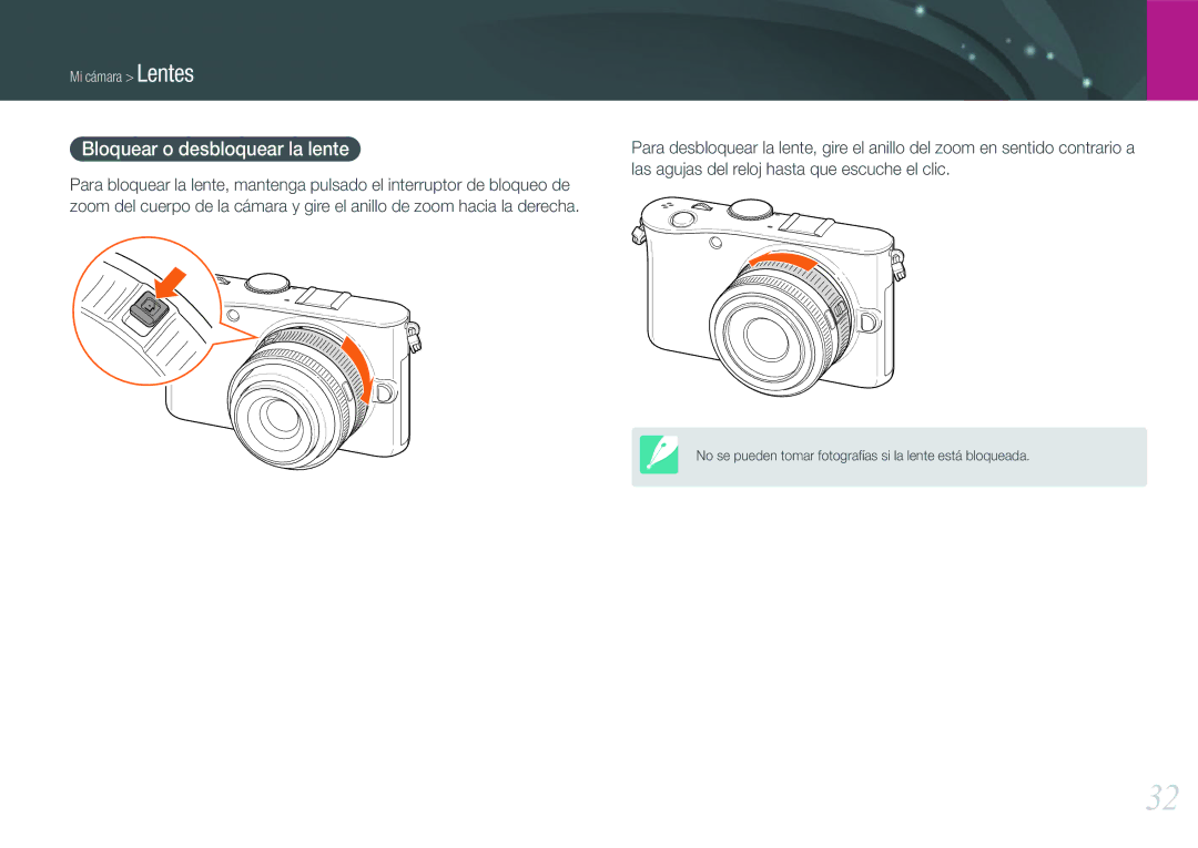 Samsung EV-NX100ZBAWES, EV-NX100ZBANES, EV-NX100ZBABES, EV-NX100ZBABCZ manual Bloquear o desbloquear la lente 