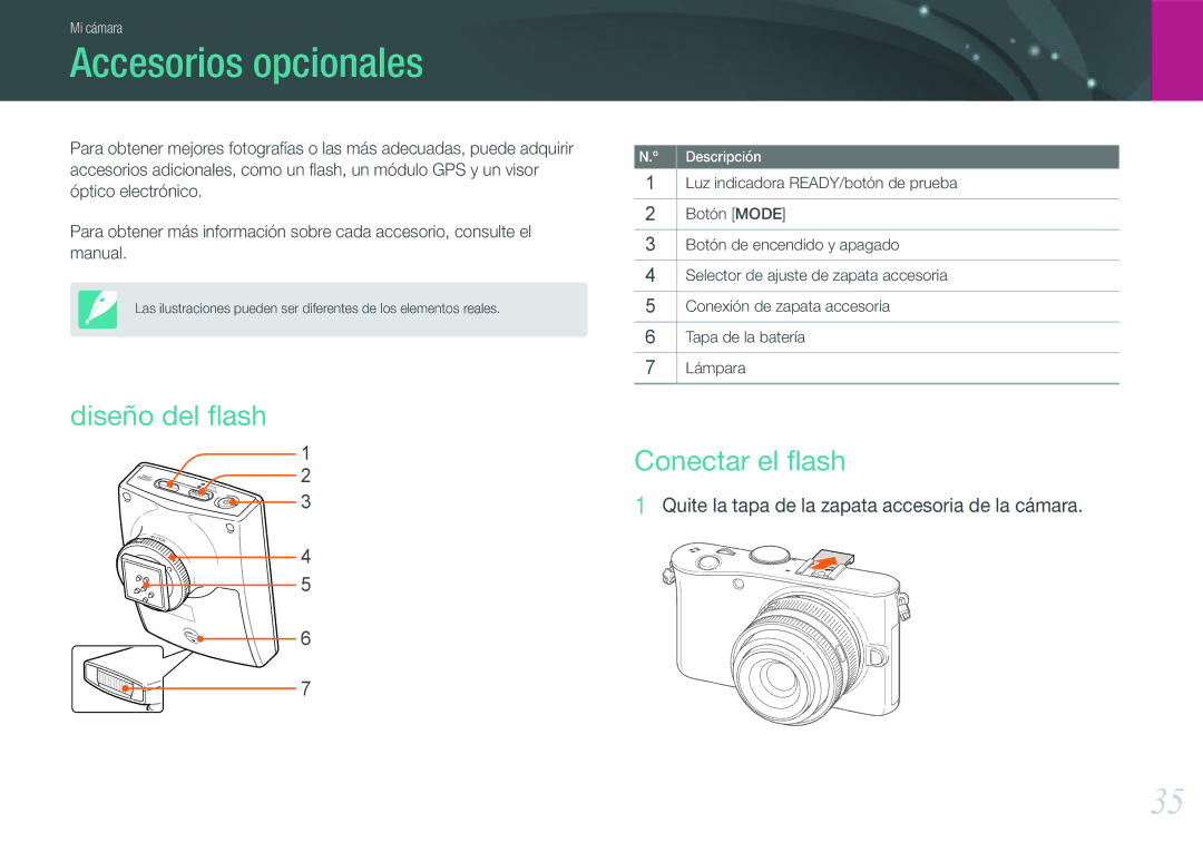 Samsung EV-NX100ZBANES, EV-NX100ZBAWES, EV-NX100ZBABES manual Accesorios opcionales, Diseño del ﬂash, Conectar el ﬂash 