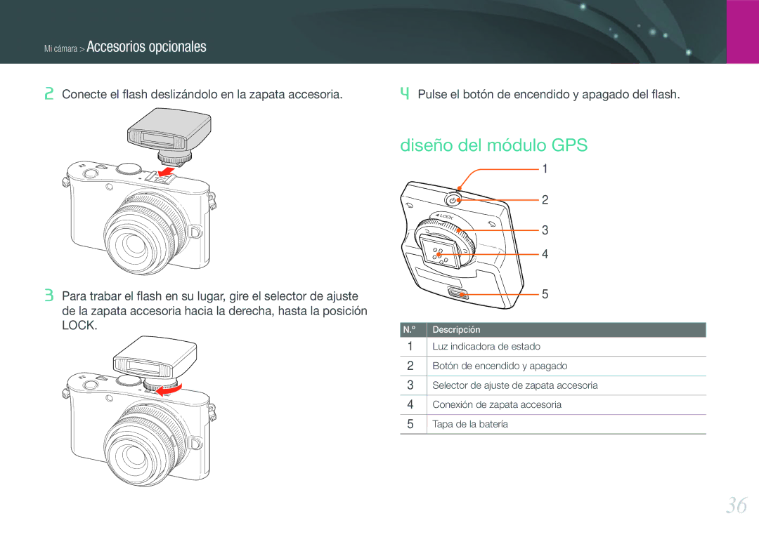 Samsung EV-NX100ZBAWES, EV-NX100ZBANES, EV-NX100ZBABES manual Diseño del módulo GPS, Mi cámara Accesorios opcionales 