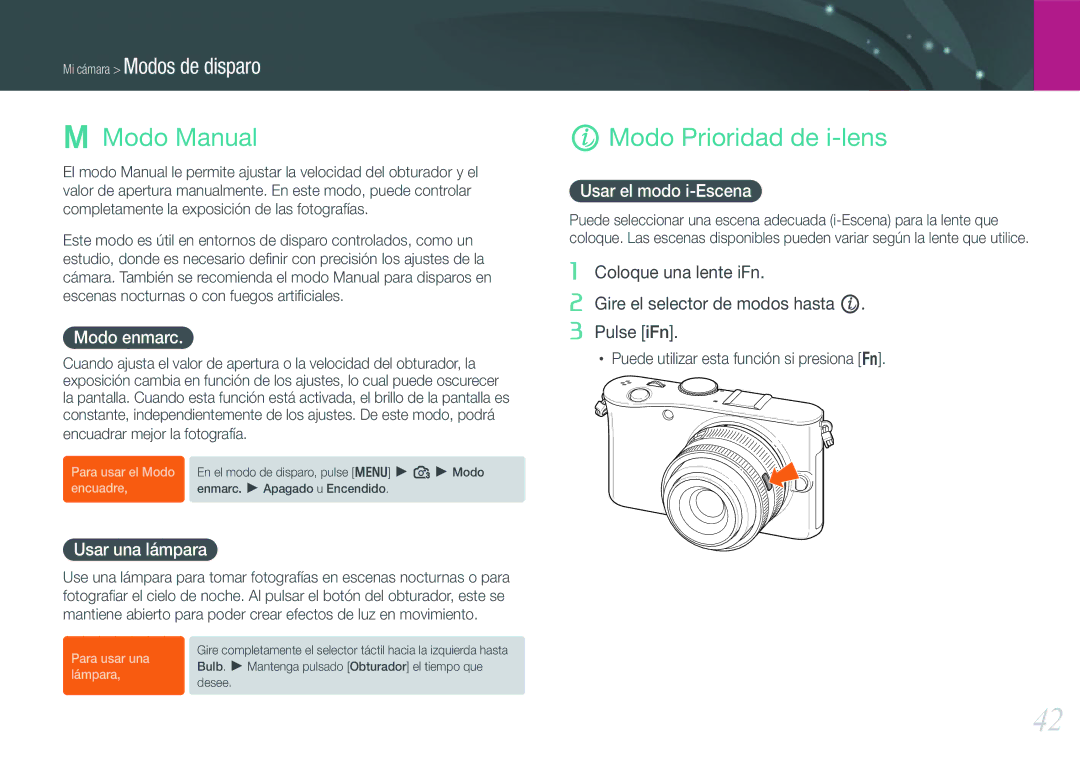 Samsung EV-NX100ZBABCZ manual Modo Manual, Modo Prioridad de i-lens, Modo enmarc, Usar una lámpara, Usar el modo i-Escena 