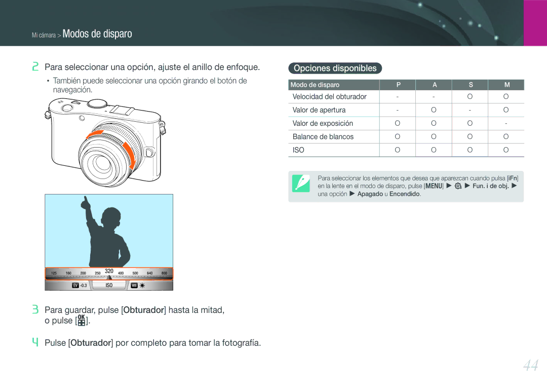 Samsung EV-NX100ZBAWES, EV-NX100ZBANES, EV-NX100ZBABES, EV-NX100ZBABCZ manual Opciones disponibles, Iso 