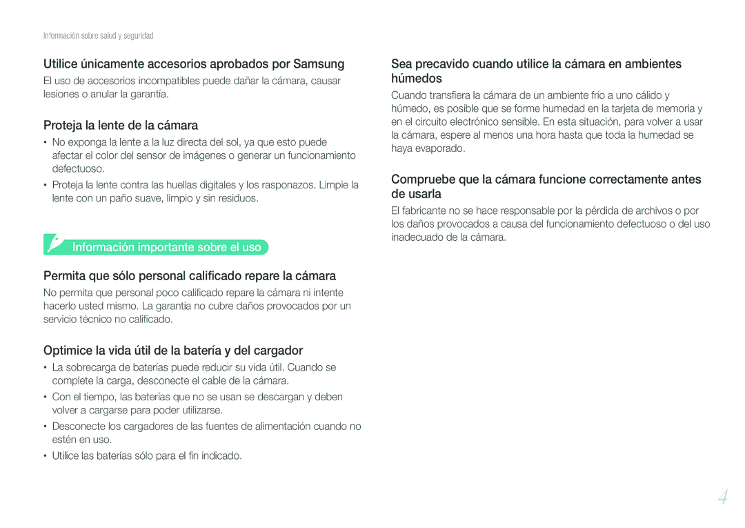 Samsung EV-NX100ZBAWES manual Utilice únicamente accesorios aprobados por Samsung, Información importante sobre el uso 