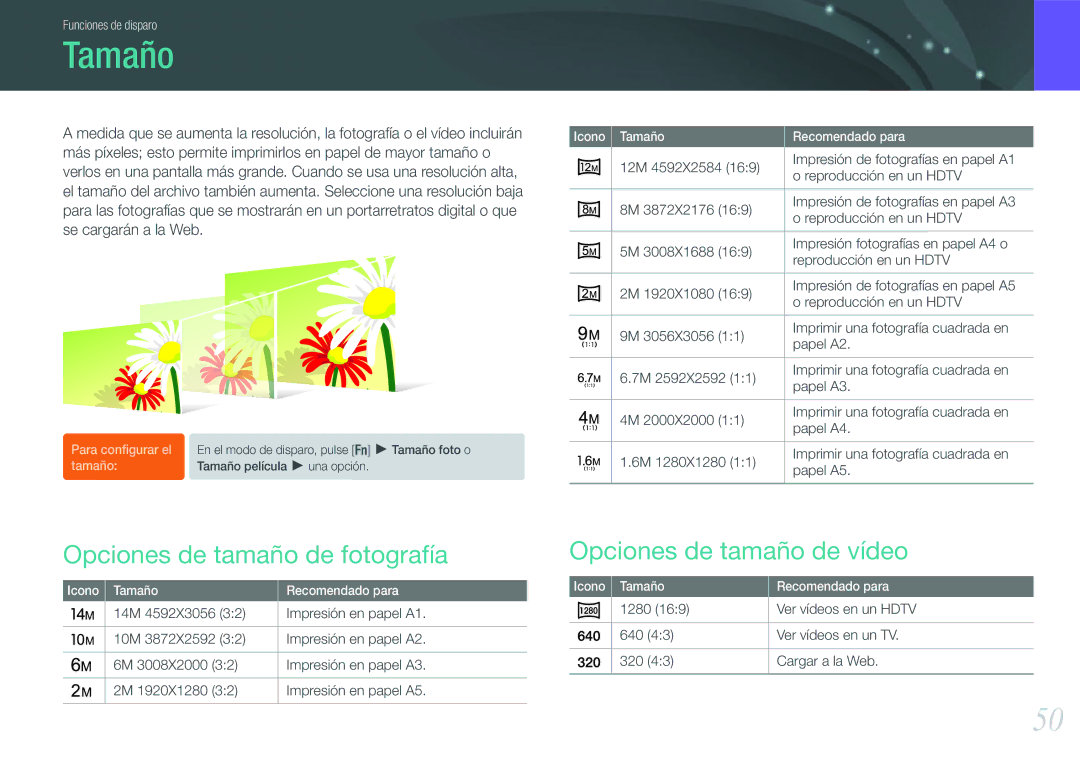 Samsung EV-NX100ZBABCZ, EV-NX100ZBANES manual Tamaño, Opciones de tamaño de fotografía, Opciones de tamaño de vídeo 