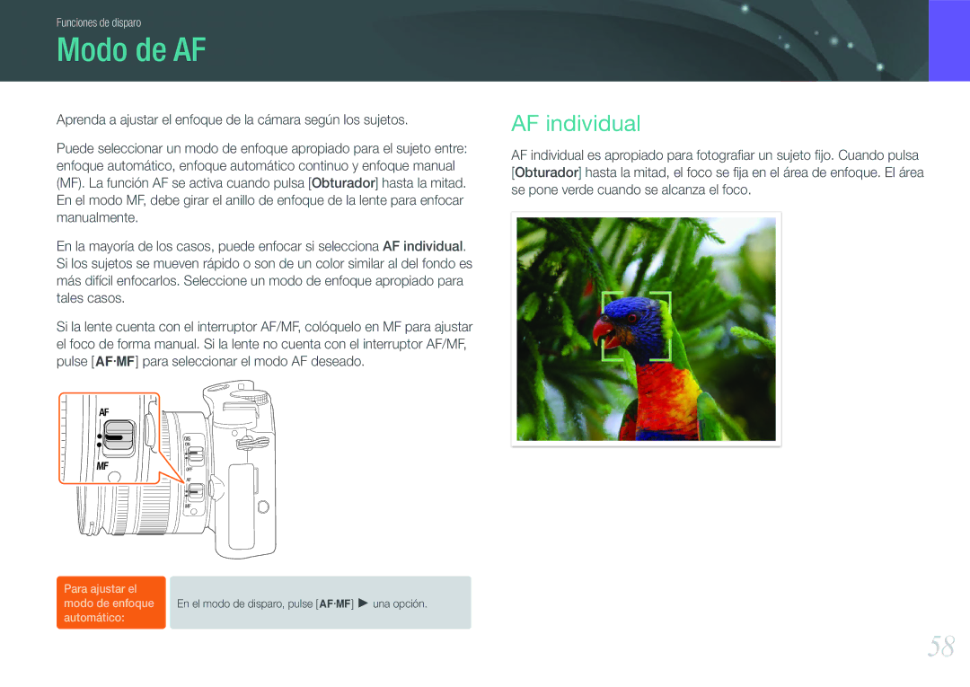 Samsung EV-NX100ZBABCZ, EV-NX100ZBANES, EV-NX100ZBAWES, EV-NX100ZBABES manual Modo de AF, AF individual 