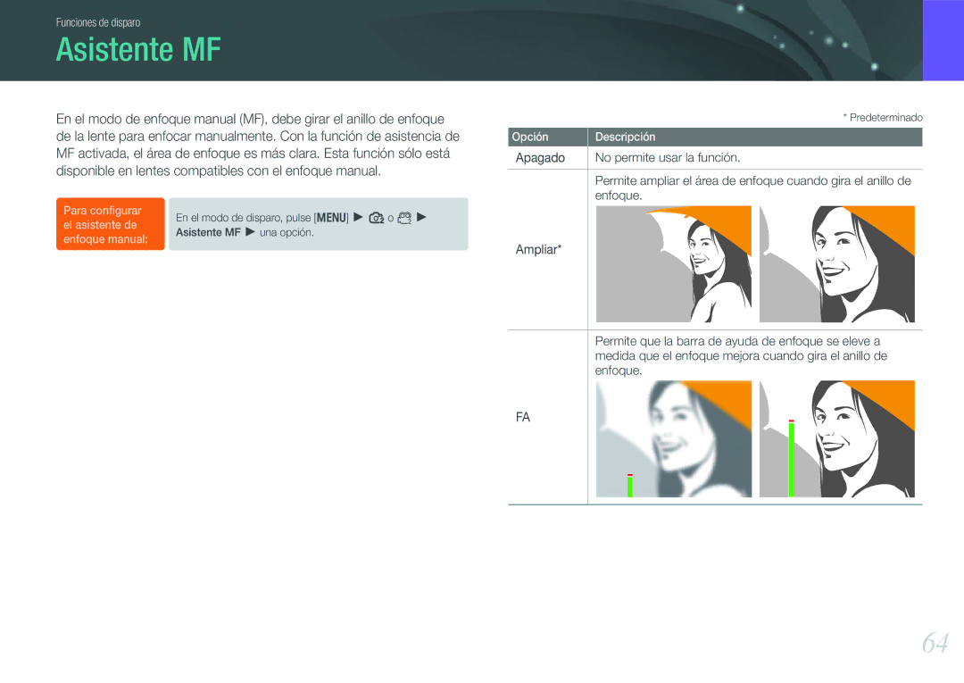 Samsung EV-NX100ZBAWES, EV-NX100ZBANES, EV-NX100ZBABES manual Asistente MF, Apagado No permite usar la función, Enfoque 