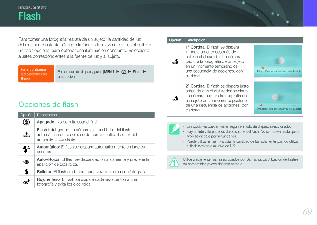 Samsung EV-NX100ZBABES, EV-NX100ZBANES, EV-NX100ZBAWES Flash, Opciones de ﬂash, Una secuencia de acciones, con, Claridad 