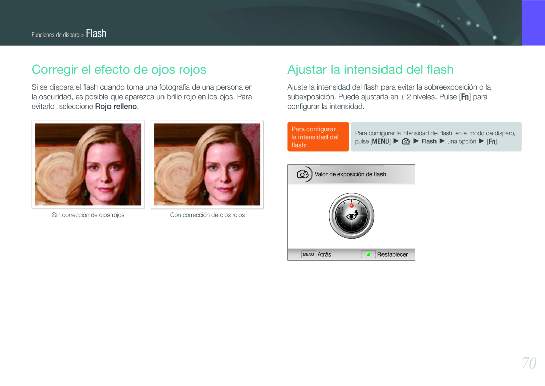 Samsung EV-NX100ZBABCZ, EV-NX100ZBANES, EV-NX100ZBAWES Corregir el efecto de ojos rojos, Ajustar la intensidad del ﬂash 