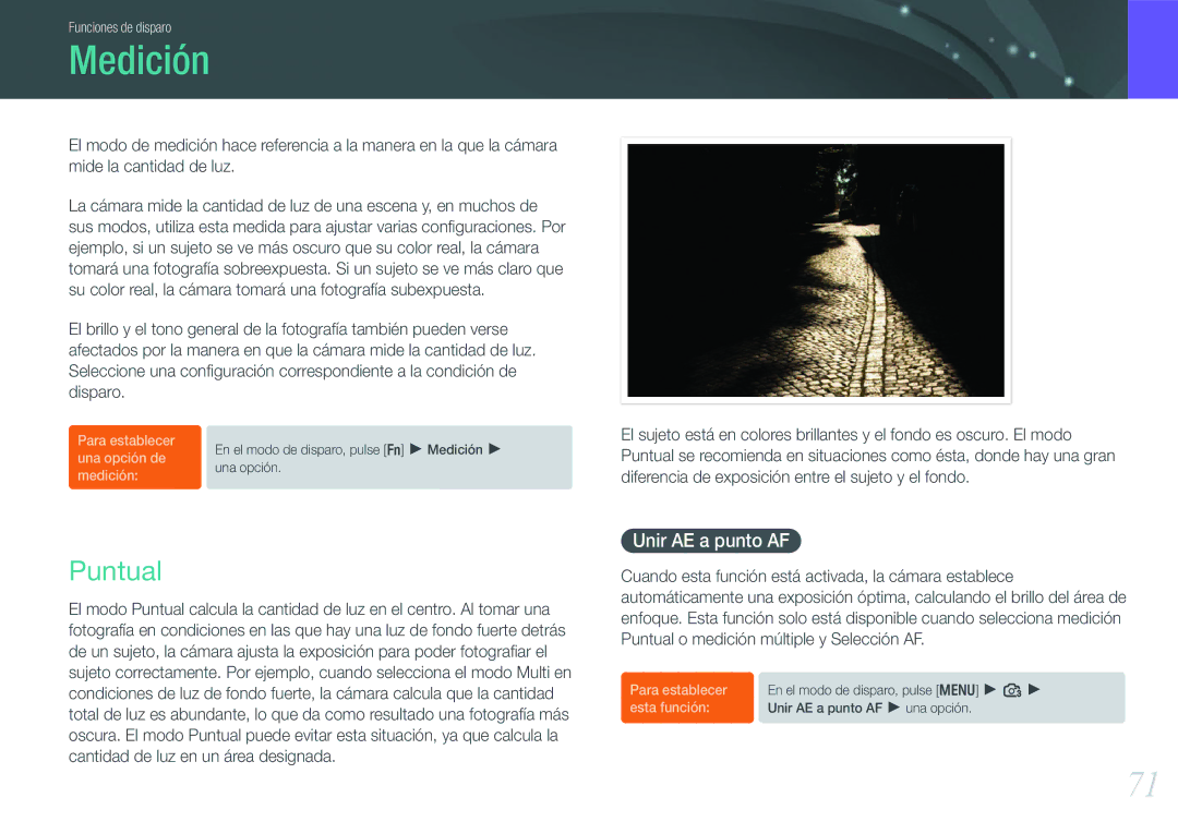 Samsung EV-NX100ZBANES, EV-NX100ZBAWES, EV-NX100ZBABES, EV-NX100ZBABCZ manual Medición, Puntual, Unir AE a punto AF 