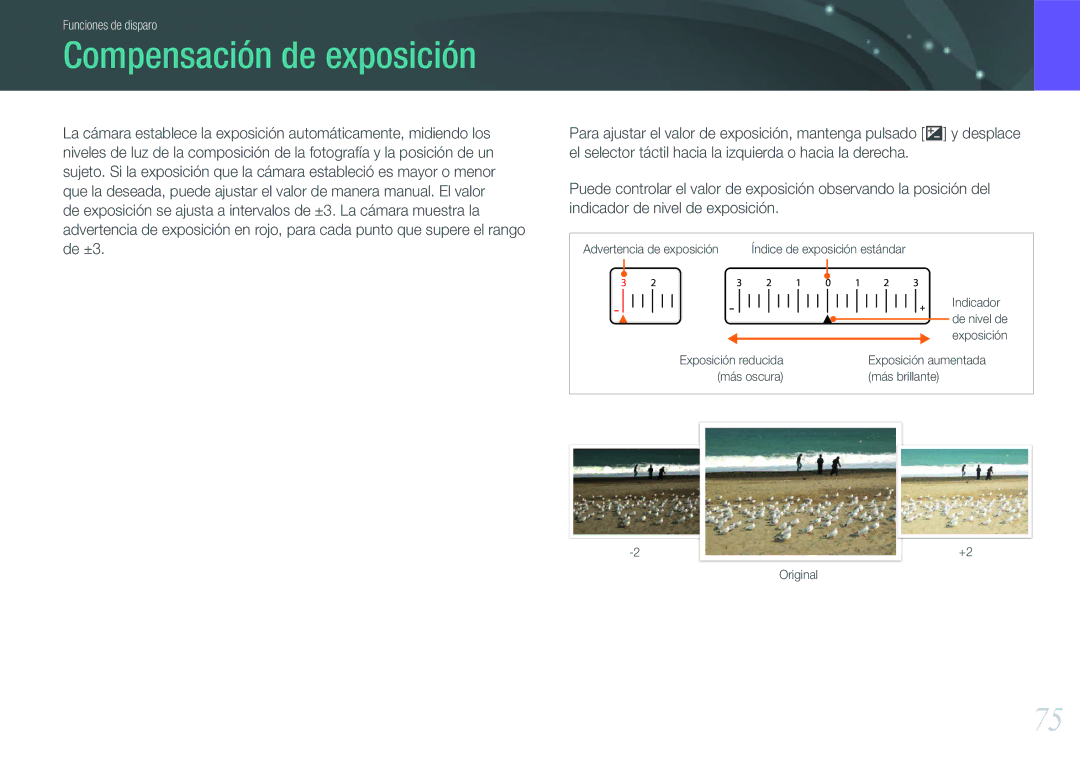 Samsung EV-NX100ZBANES, EV-NX100ZBAWES, EV-NX100ZBABES, EV-NX100ZBABCZ manual Compensación de exposición 