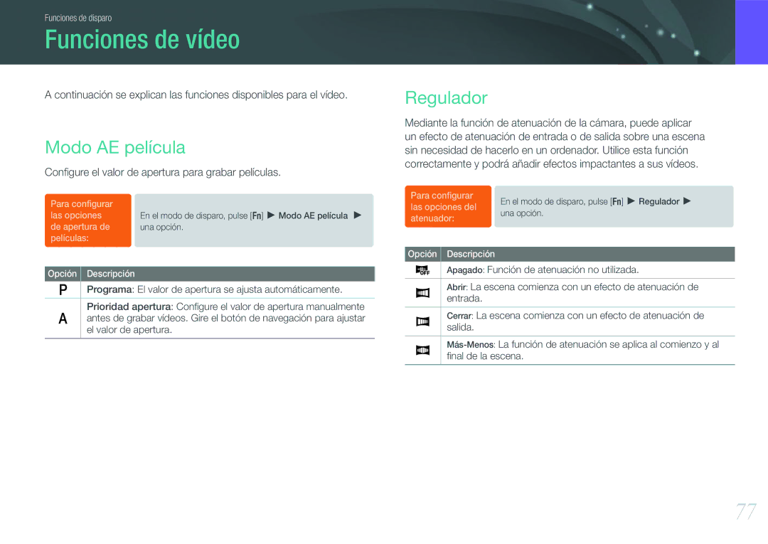 Samsung EV-NX100ZBABES, EV-NX100ZBANES, EV-NX100ZBAWES, EV-NX100ZBABCZ manual Funciones de vídeo, Modo AE película, Regulador 