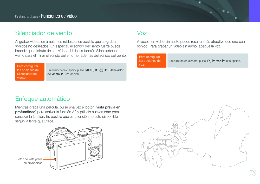 Samsung EV-NX100ZBABCZ, EV-NX100ZBANES, EV-NX100ZBAWES, EV-NX100ZBABES manual Silenciador de viento, Voz, Enfoque automático 