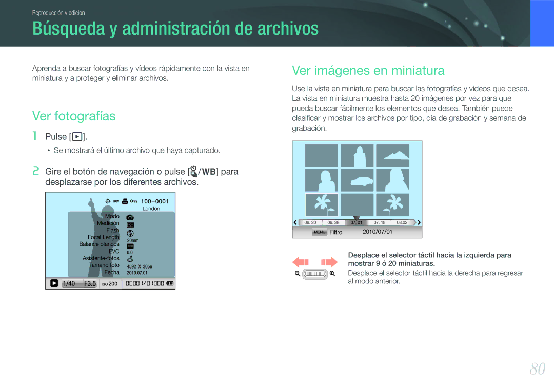 Samsung EV-NX100ZBAWES, EV-NX100ZBANES Búsqueda y administración de archivos, Ver fotografías, Ver imágenes en miniatura 