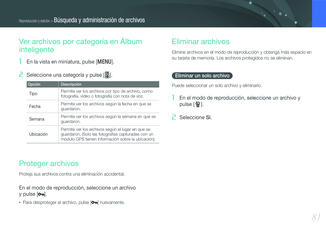 Samsung EV-NX100ZBABES manual Ver archivos por categoría en Álbum inteligente, Proteger archivos, Eliminar archivos 