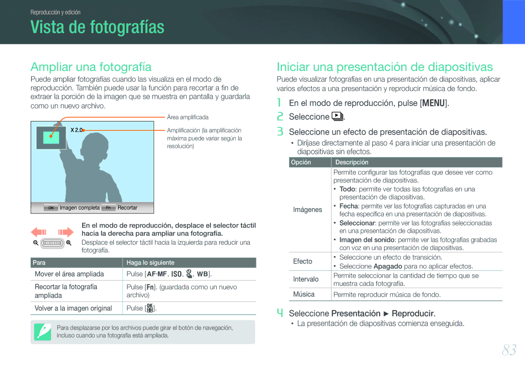 Samsung EV-NX100ZBANES manual Vista de fotografías, Ampliar una fotografía, Iniciar una presentación de diapositivas 