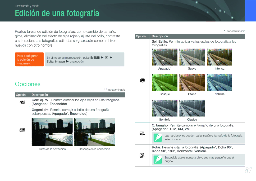 Samsung EV-NX100ZBANES, EV-NX100ZBAWES, EV-NX100ZBABES, EV-NX100ZBABCZ manual Edición de una fotografía, Opciones 