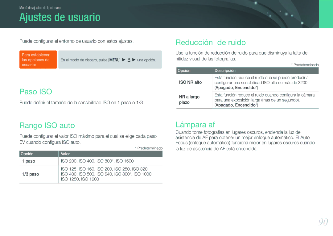 Samsung EV-NX100ZBABCZ, EV-NX100ZBANES manual Ajustes de usuario, Paso ISO, Rango ISO auto, Reducción de ruido, Lámpara af 
