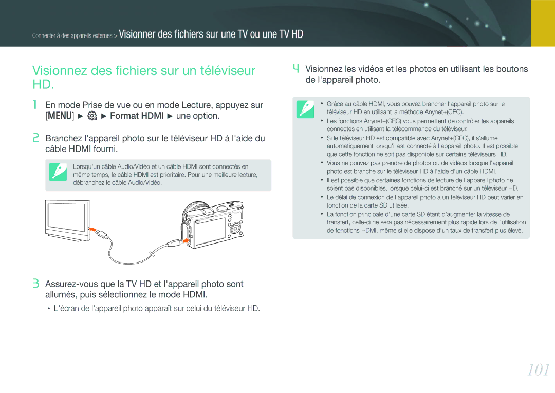 Samsung EV-NX100ZBANFR, EV-NX100ZBASFR, EV-NX100ZBAWFR, EV-NX100ZBABFR manual 101, Visionnez des ﬁchiers sur un téléviseur HD 